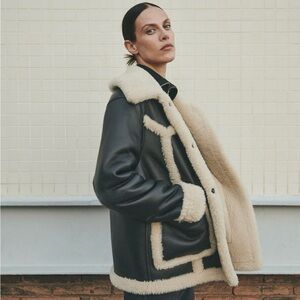 Women's Black and Cream Oversized Shearling Jacket | MNG